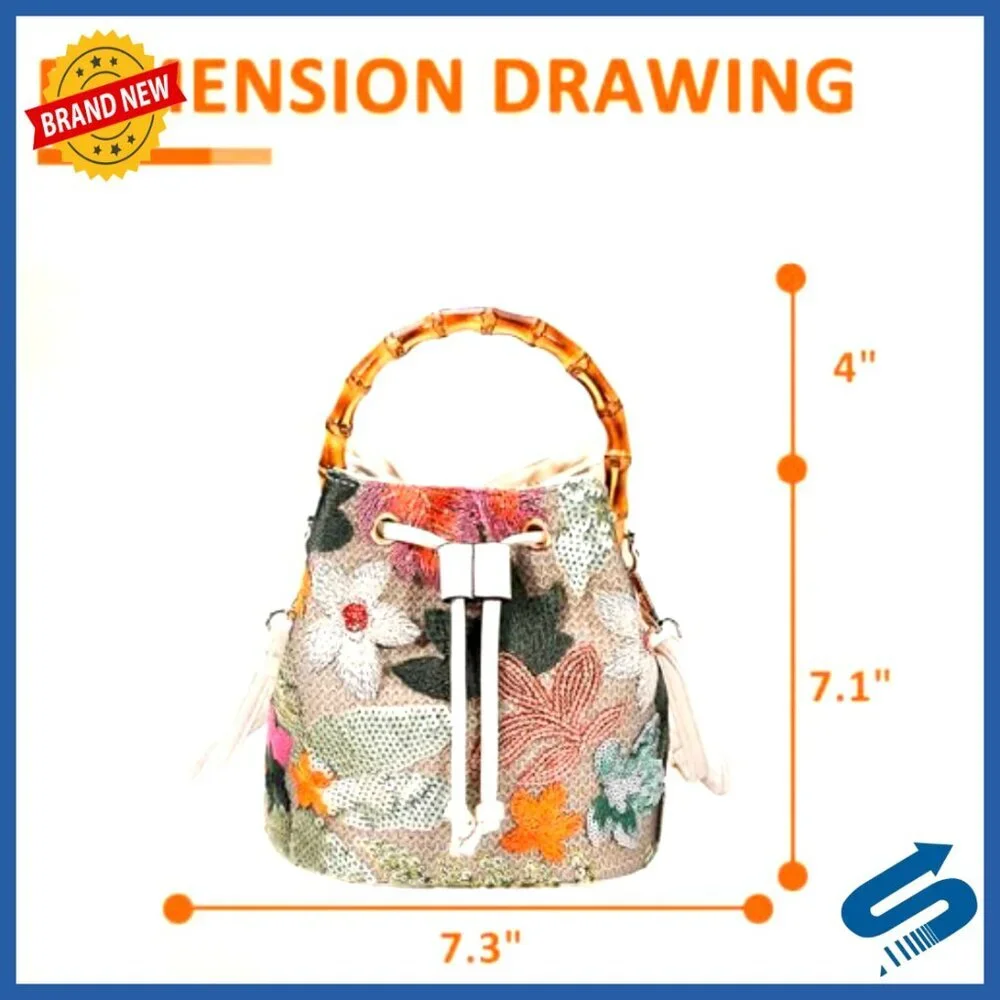 Hand Embroidered Straw Tote Bag Bohemian Beach Crossbody with Bamboo Handle
